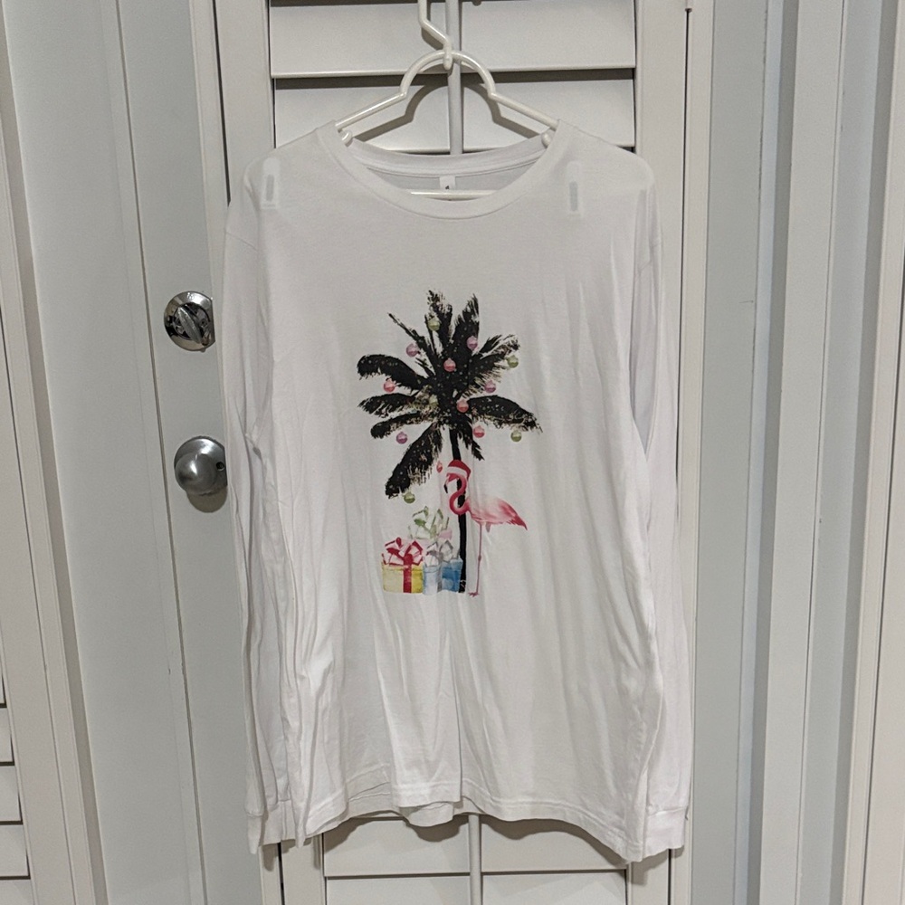 White Long Sleeve Shirt with Palm Tree and Flamingo Design